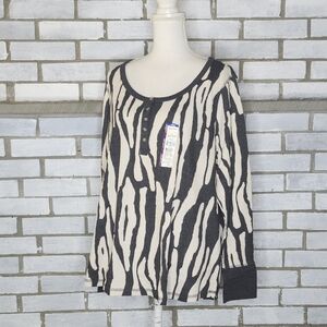 NWT Terra & Sky Waffle Tee Women’s Plus Sz 2X 20W-22W Funky Zebra Long Sleeves